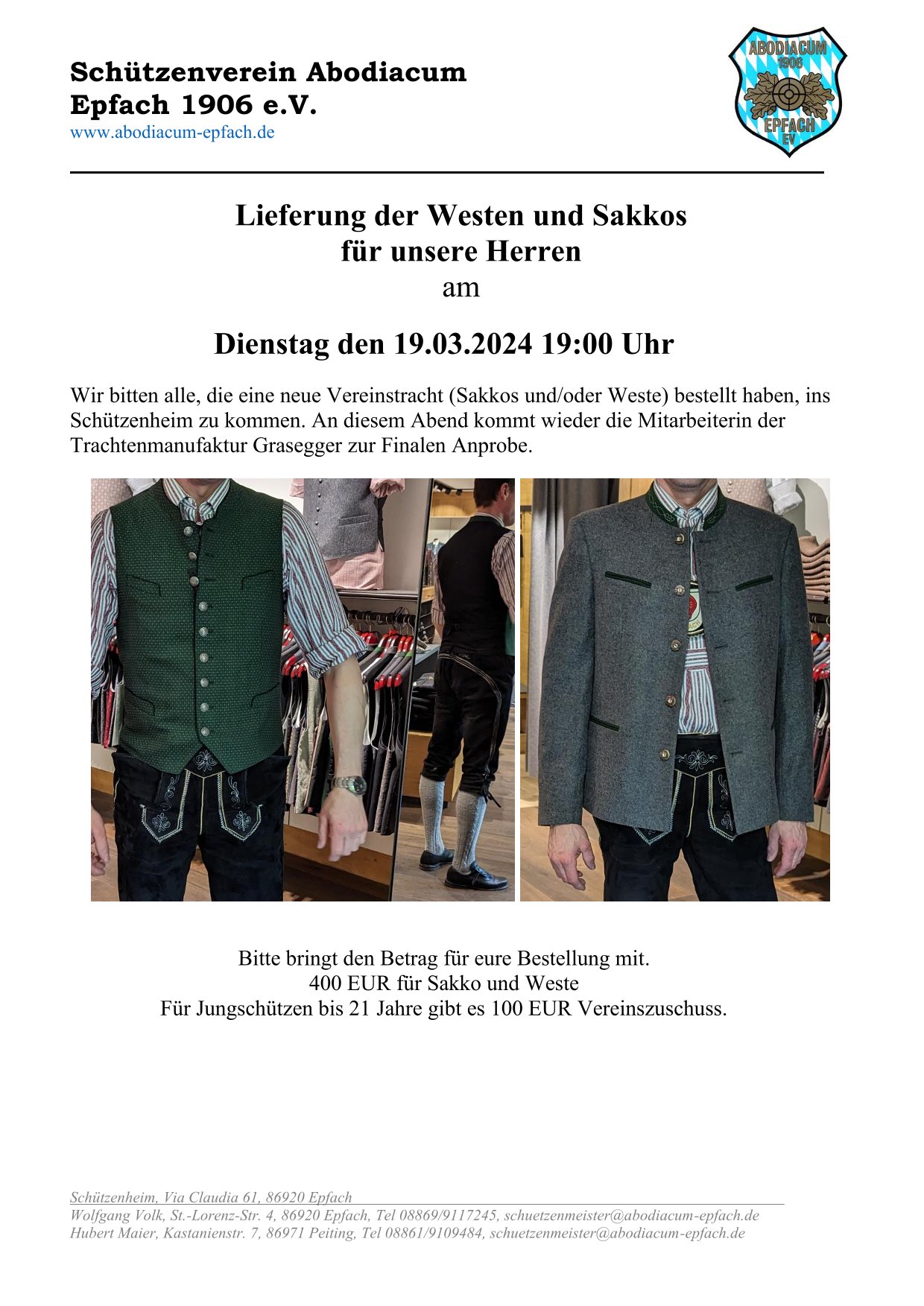 Aushang Vereinskleidung Herrn